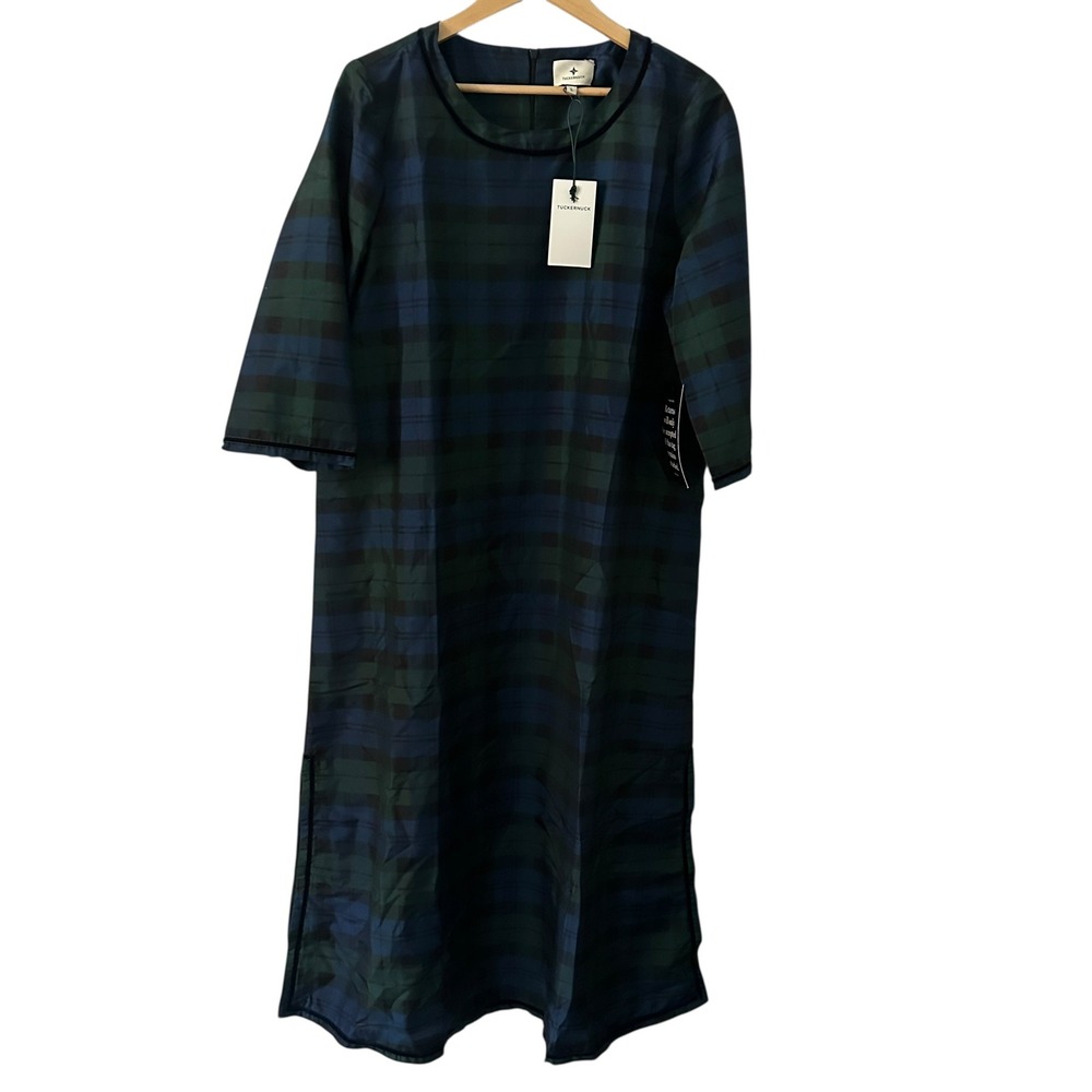 Tuckernuck Blackwatch‎ Plaid Midi Dress Womens Large Green Navy NEW Velvet Trim